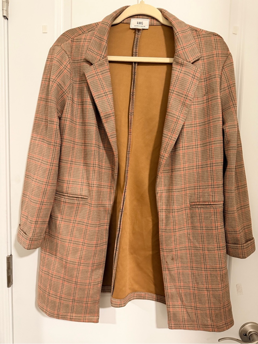 Have Women's Plaid Blazer Jacket in Camel and Pink Check